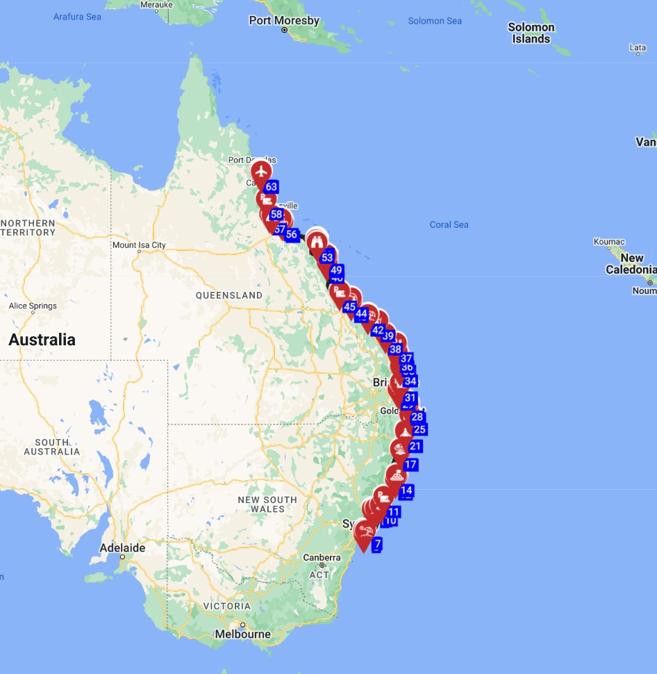 Map for Sydney to Cairns - Coastline Quest Wave Surfing Journey